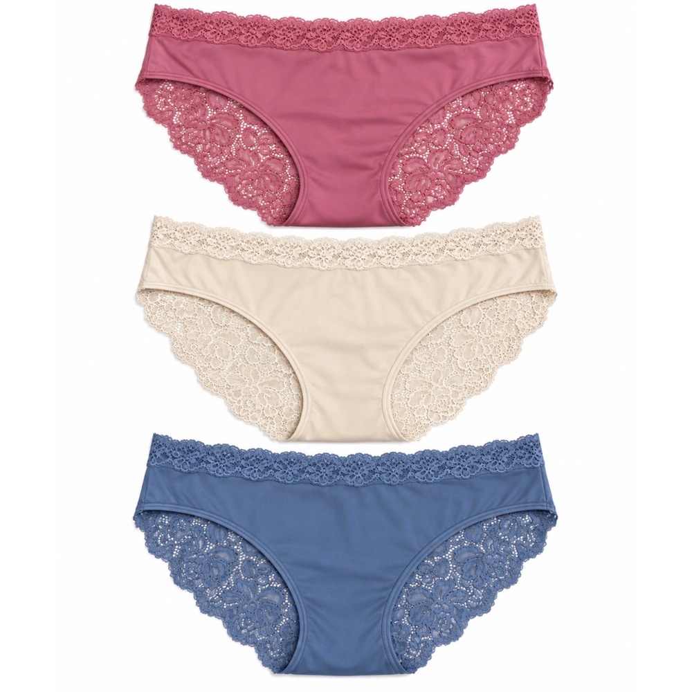 NEW Maidenform Womens Lace Trim Hipster Panties 3 Pack XL Pink Beige Blue